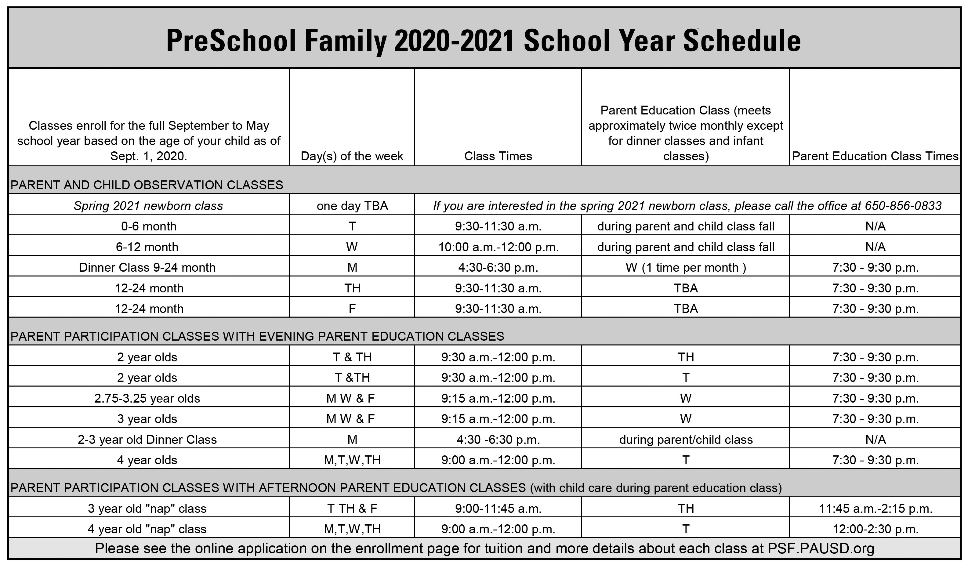 PreSchool_Family_2020-2021_School_Year_Schedule - Palo Alto Adult School